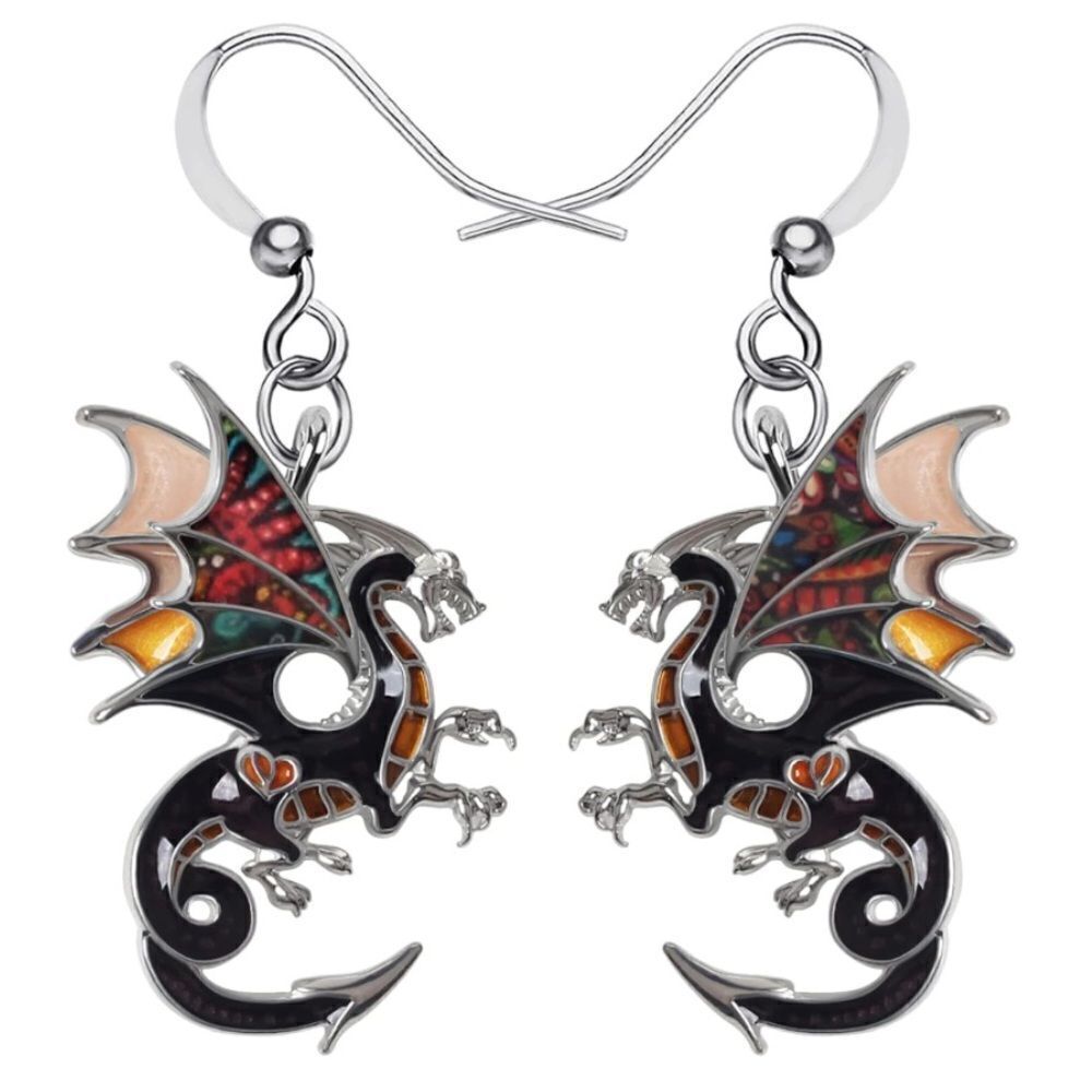 Silver and Multicolor Enamel Mythical Dragon Dangling French Wire Hook Earrings
